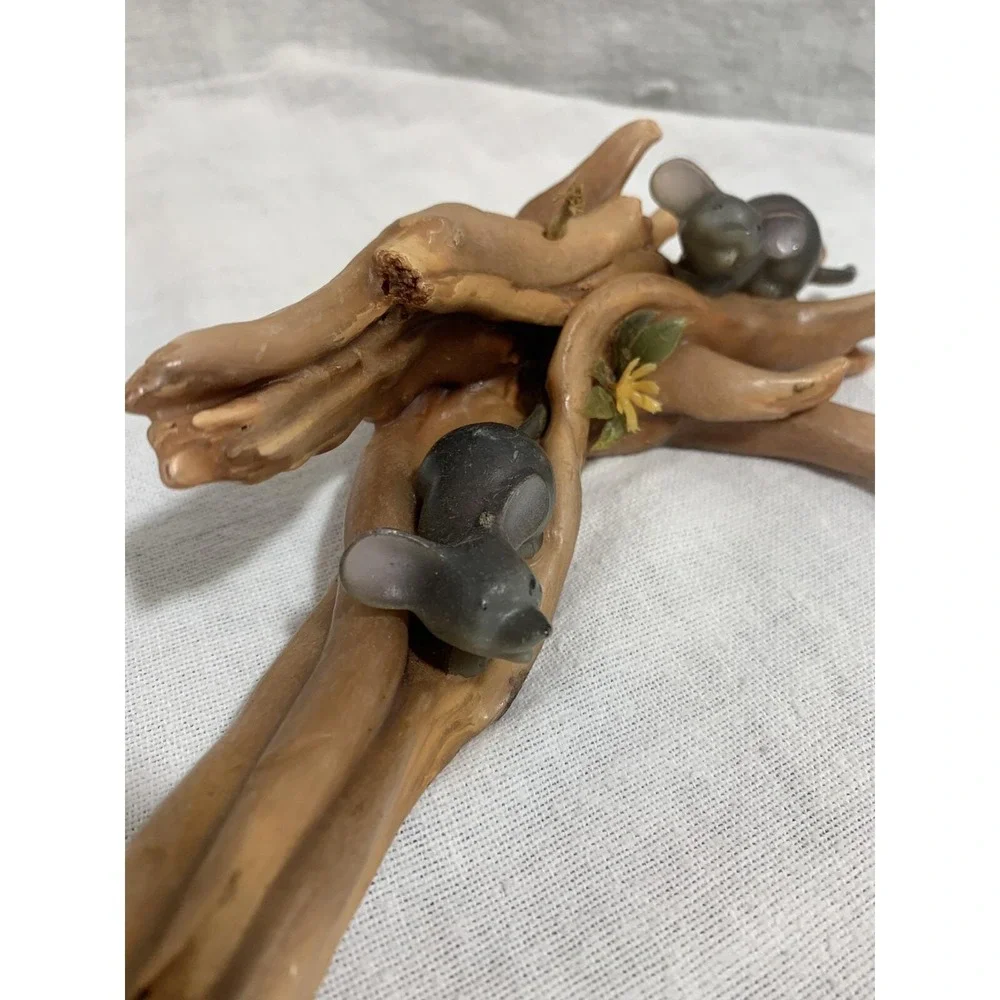 Sculpted Candle Two Mice on Logs in Forest Wax Vintage MCM Plastic Flower 9 inch